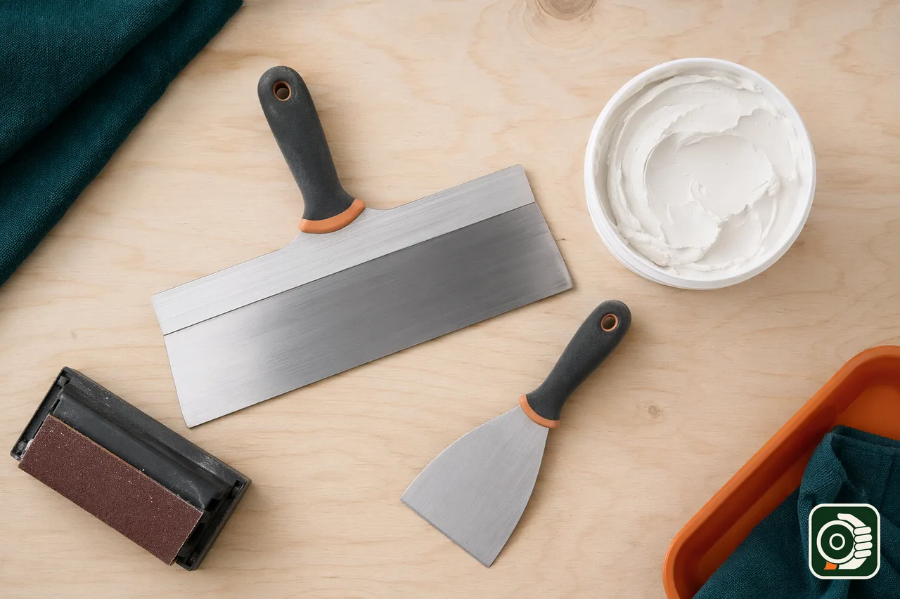 Attrezzi per la rasatura del cartongesso disposti su un banco: spatola larga, spatola piccola, tampone abrasivo e secchiello di stucco