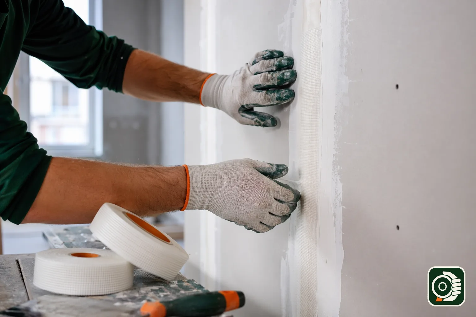 Posa del nastro in velo vetro su un giunto di cartongesso in cantiere, tema della guida agli attrezzi per applicarlo