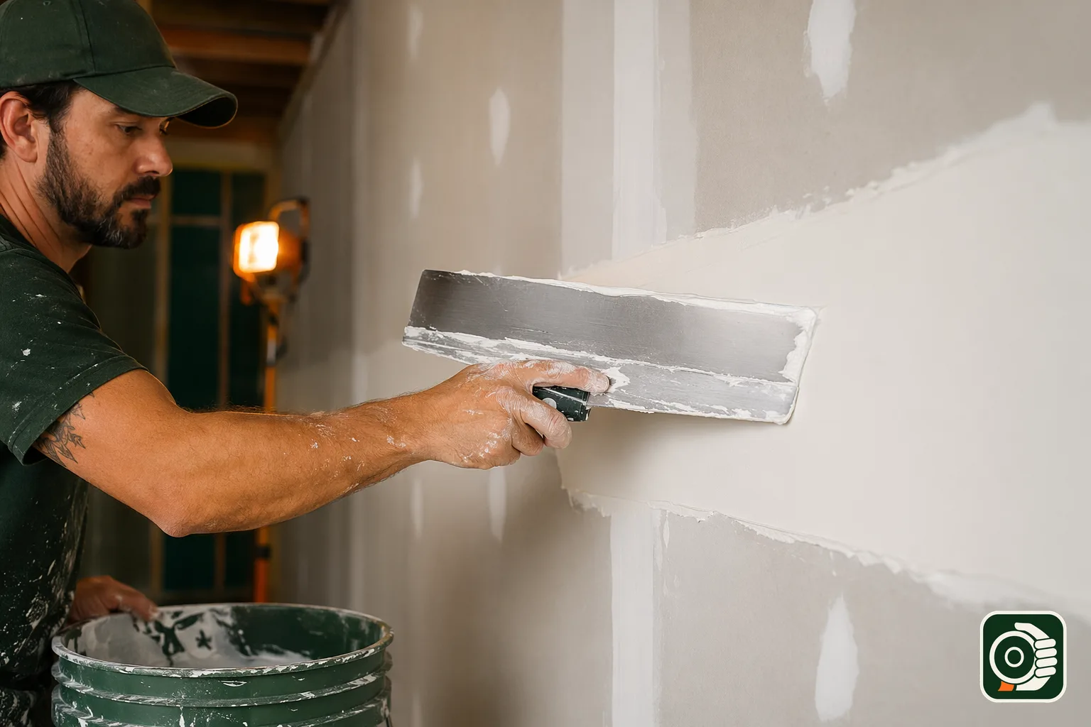 Cartongessista che stende una mano larga di stucco a finire su un giunto con spatola, fase di rasatura in cantiere