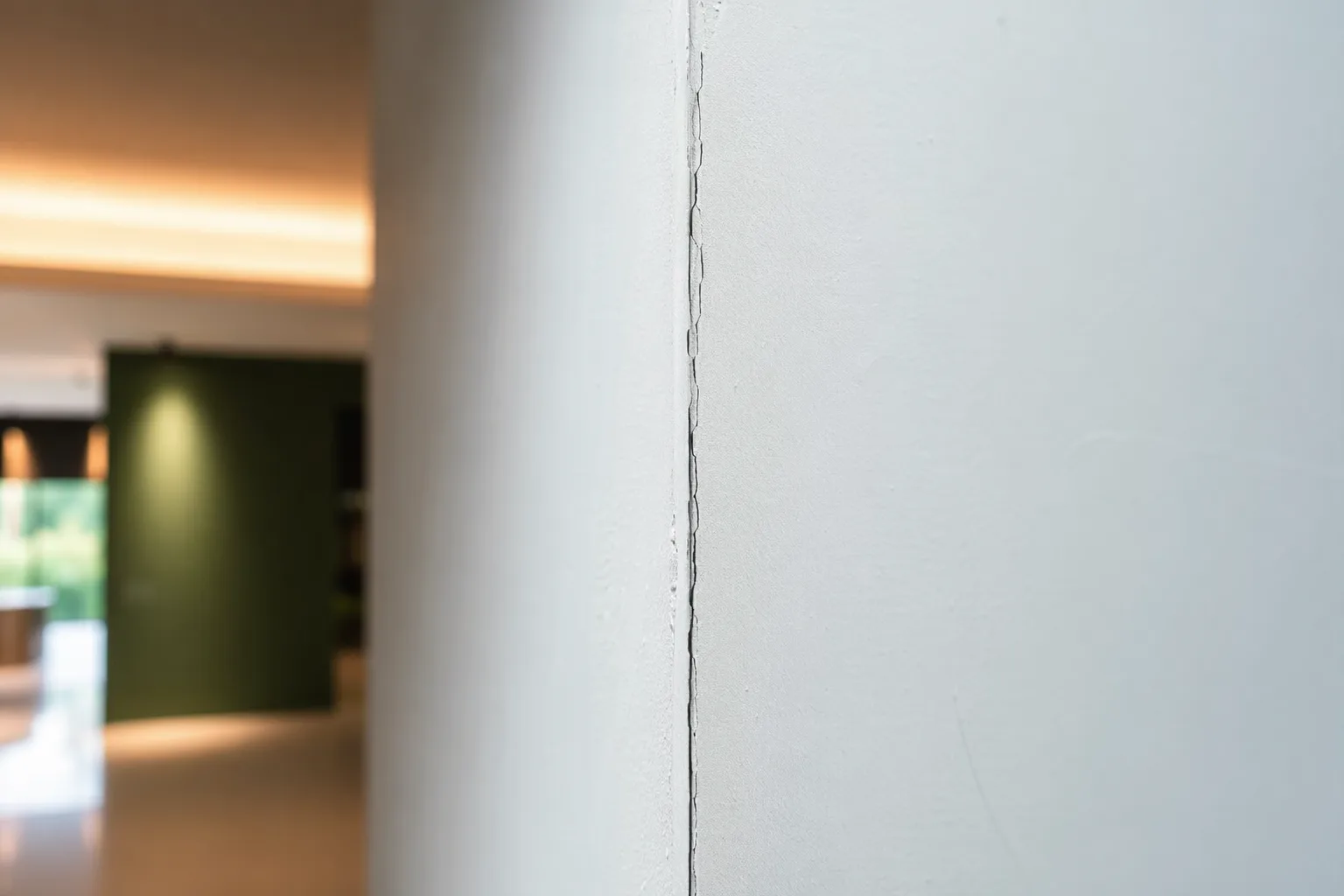 Crepa sottile lungo il giunto di una parete in cartongesso, rivelata dalla luce radente