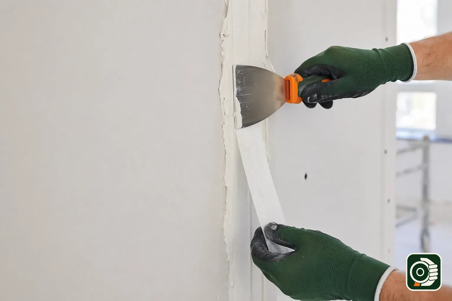 Nastro in feltro di vetro (velo vetro) bianco annegato nello stucco fresco su un giunto tra due lastre di cartongesso, lisciato con la spatola