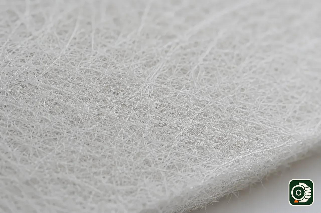 Macro del feltro di vetro per cartongesso: trama fitta di fibre di vetro pressate del tessuto non tessuto usato per armare i giunti