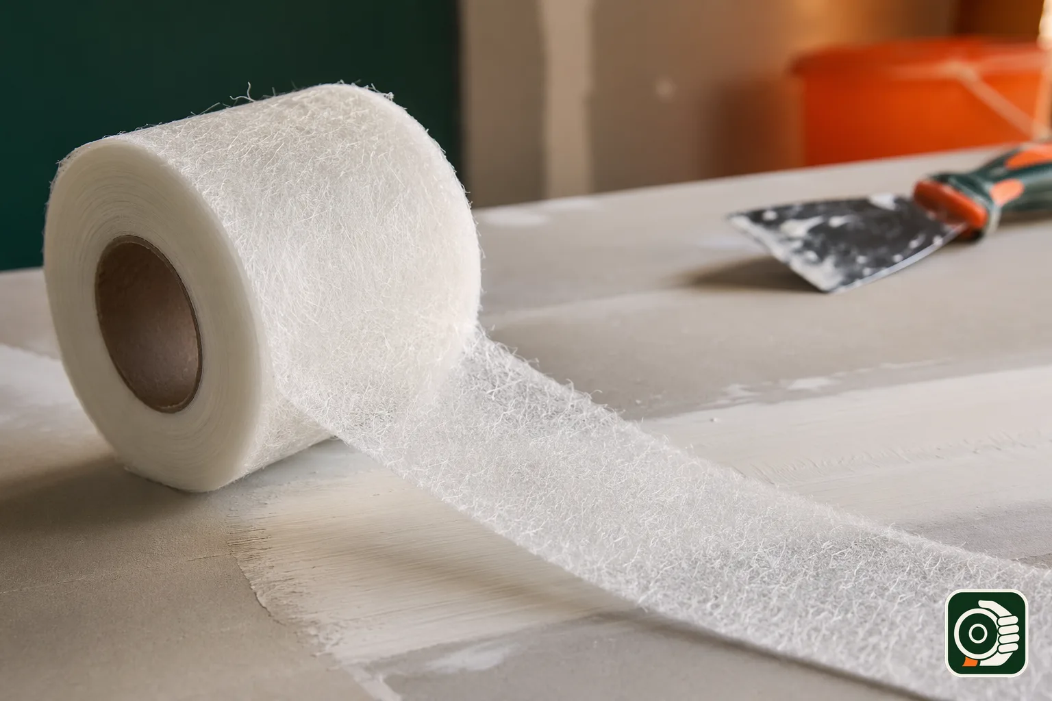 Rotolo di nastro velo vetro in feltro di fibra di vetro per i giunti del cartongesso, parzialmente srotolato su una parete in cartongesso