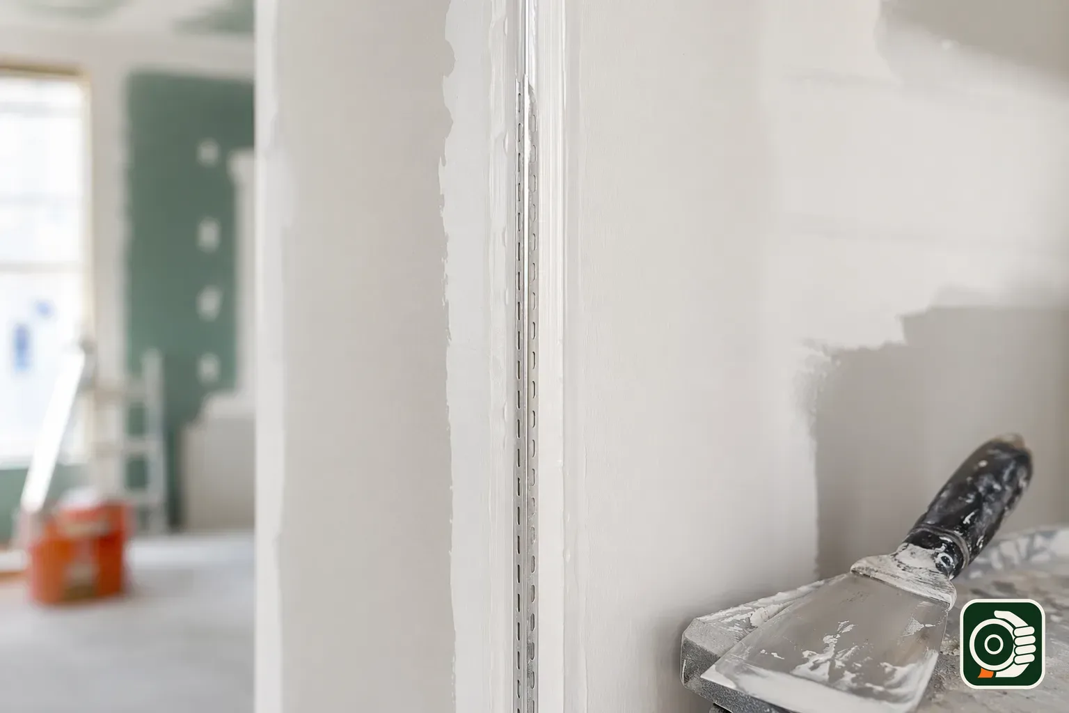 Angolo esterno di una parete in cartongesso con paraspigolo annegato nello stucco e angolo interno rinforzato col nastro