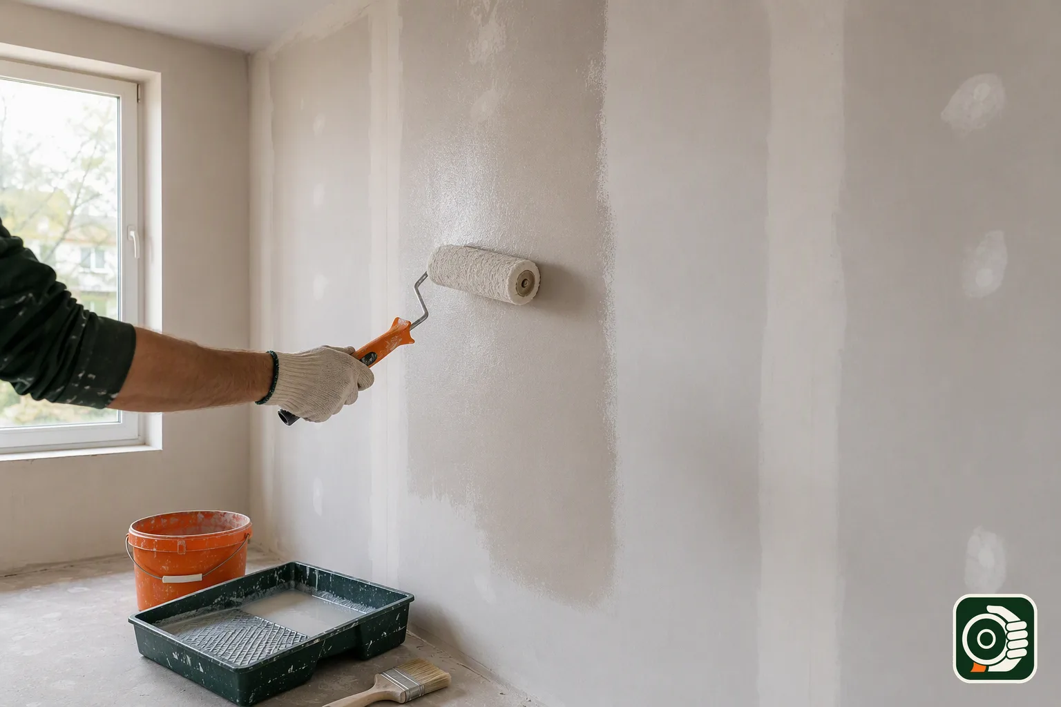 Cartongessista stende una mano di fondo fissativo a rullo su una parete di cartongesso rasata prima della pittura