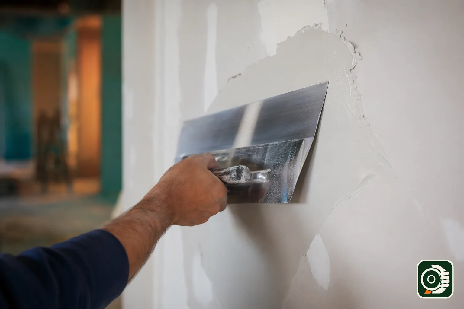 Rasatura di una parete in cartongesso con spatola larga: stesura di un sottile strato di stucco a finire