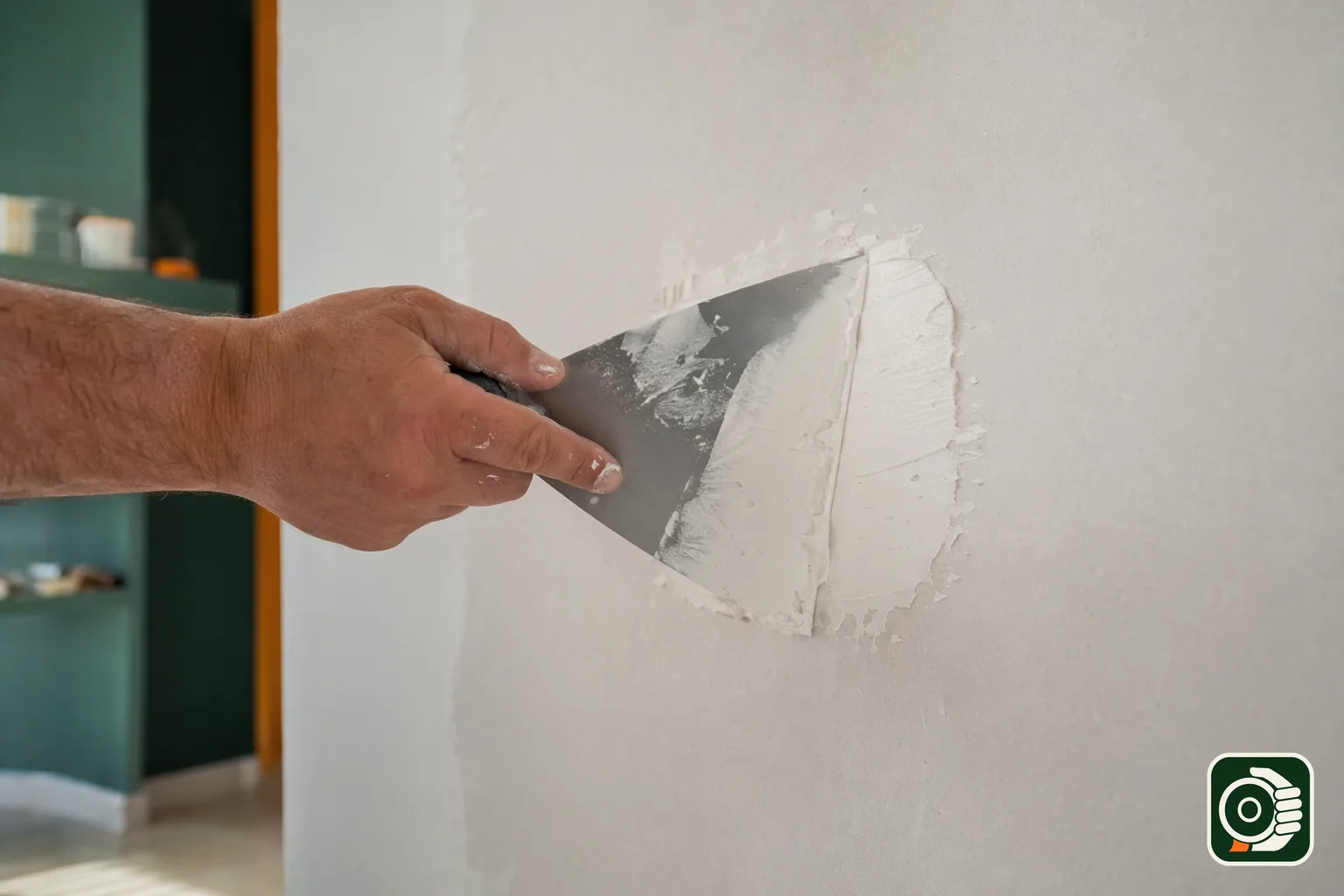Riparazione di un buco nel cartongesso: toppa di lastra nuova fissata e stuccata sulla parete, pronta per la rasatura