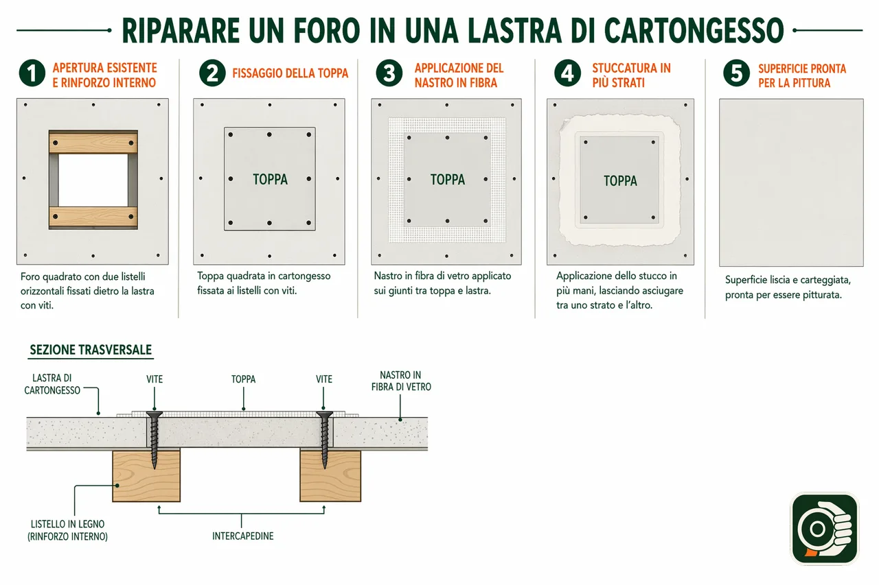 Infografica in 5 passi per riparare un foro nel cartongesso: apertura, toppa sui listelli, nastro sui giunti, stucco e finitura, con sezione