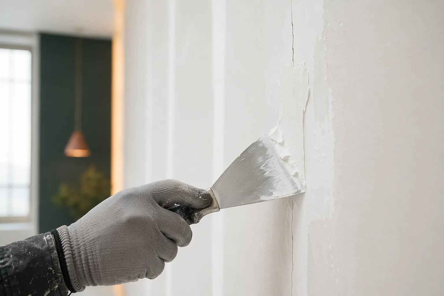 Riparazione di una crepa su una parete in cartongesso: stesura dello stucco con la spatola lungo il giunto