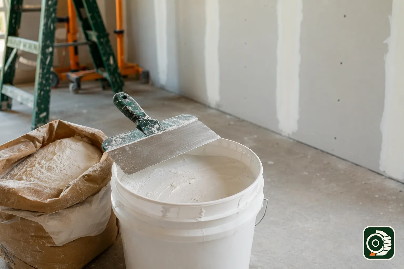 Secchio di stucco pronto in pasta e sacco di stucco in polvere accanto a una spatola larga su una parete in cartongesso da stuccare