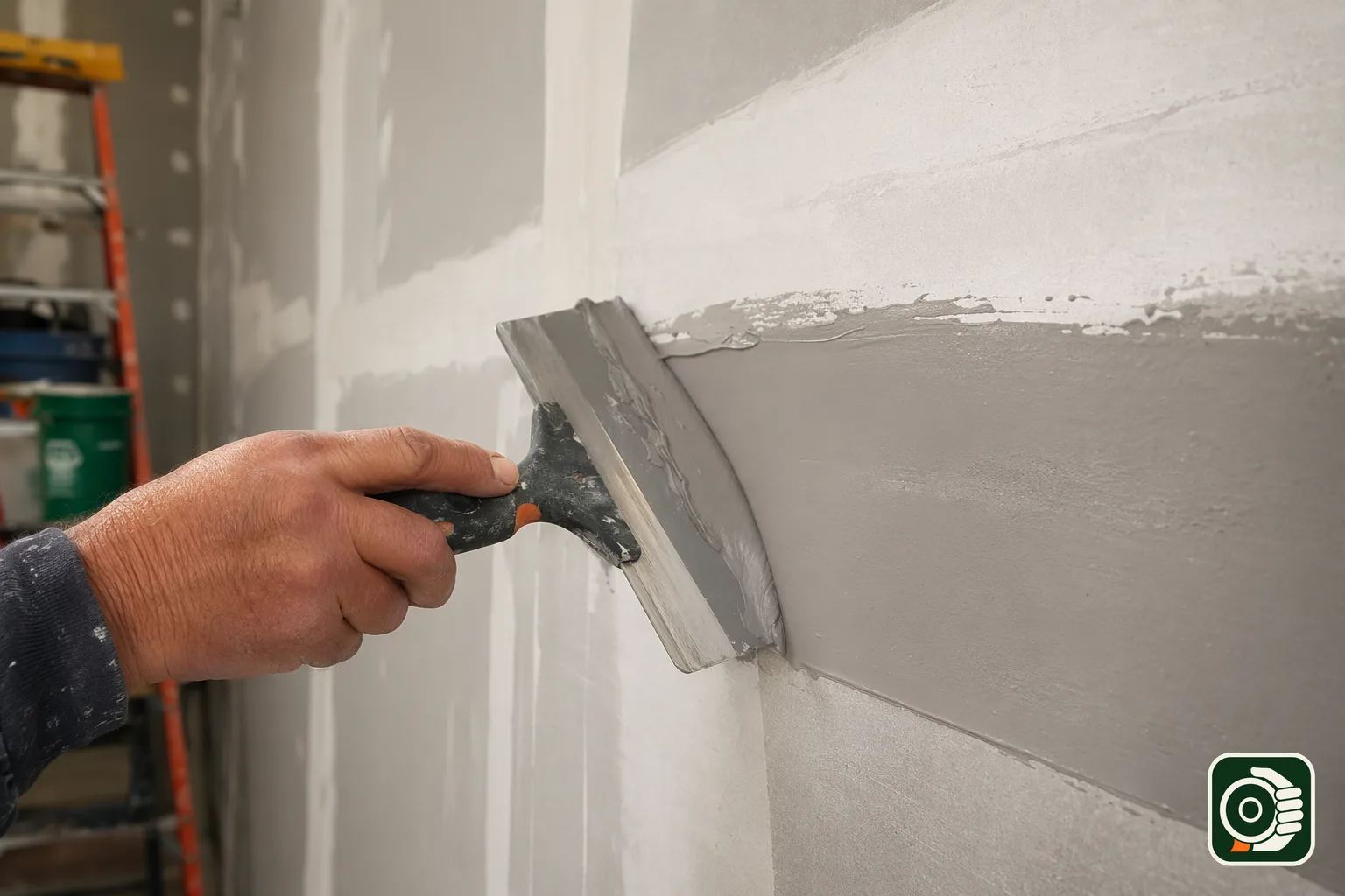 Spatola che stende stucco fresco su un giunto di cartongesso, con il colore scuro dello stucco umido ben visibile rispetto alla lastra