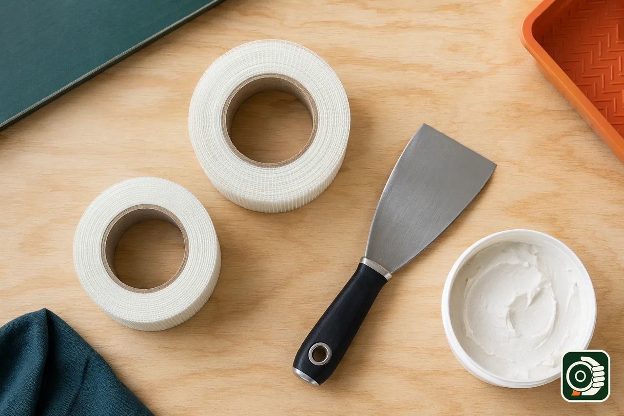 Due rotoli di nastro velo vetro da 50 mm accanto a una spatola e a un secchiello di stucco, su un banco da lavoro