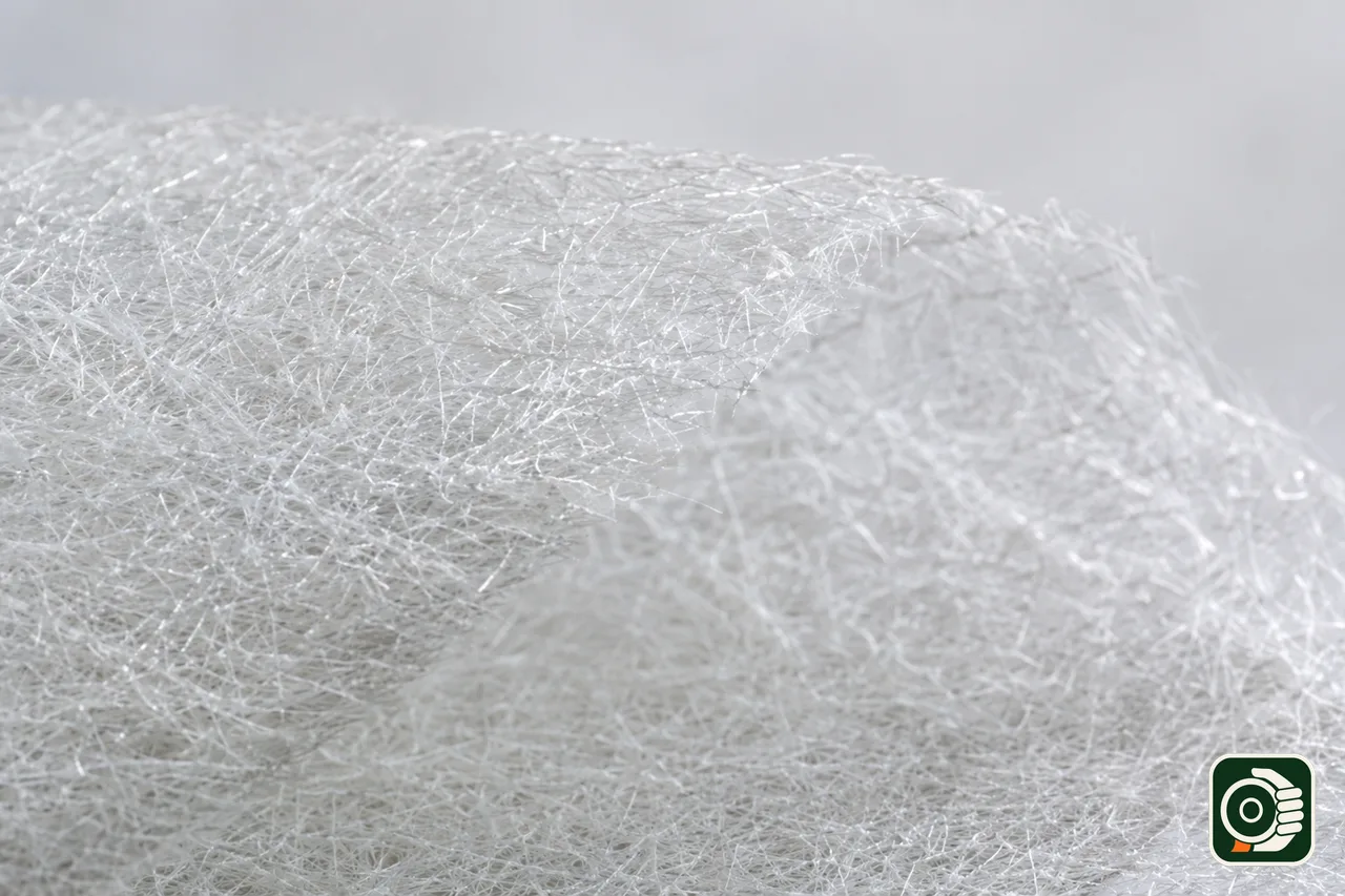 Macro della trama in fibra di vetro del velo vetro: fibre sottili intrecciate in modo casuale a formare un feltro non tessuto