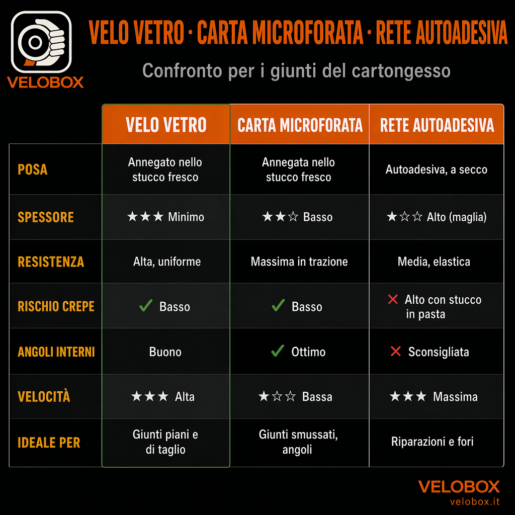 Infografica VELOBOX: confronto tra velo vetro, carta microforata e rete autoadesiva per i giunti del cartongesso
