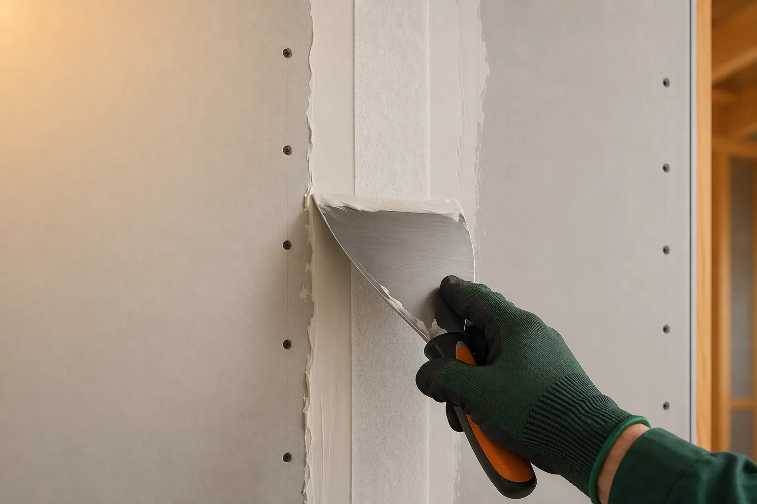 Applicazione del velo vetro su un giunto di parete in cartongesso con stucco e spatola